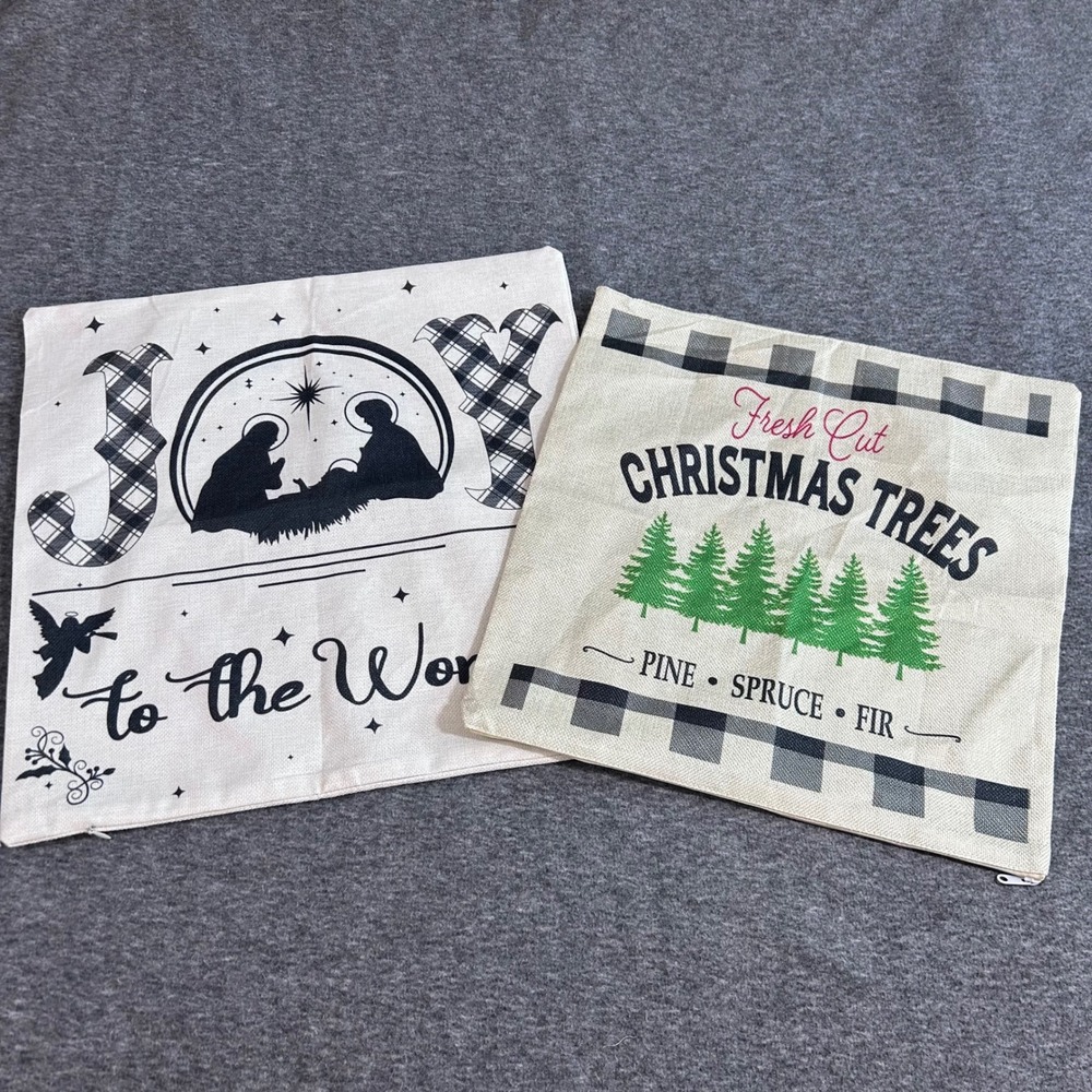 Set of 2 Christmas Pillow Covers 18x18 Nativity Joy & Fresh Cut Trees Farmhouse